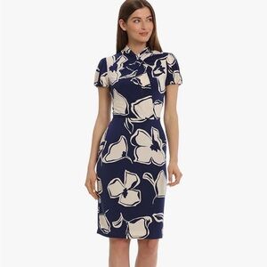 Elegant MAGGY LONDON Navy and Cream Floral Dress